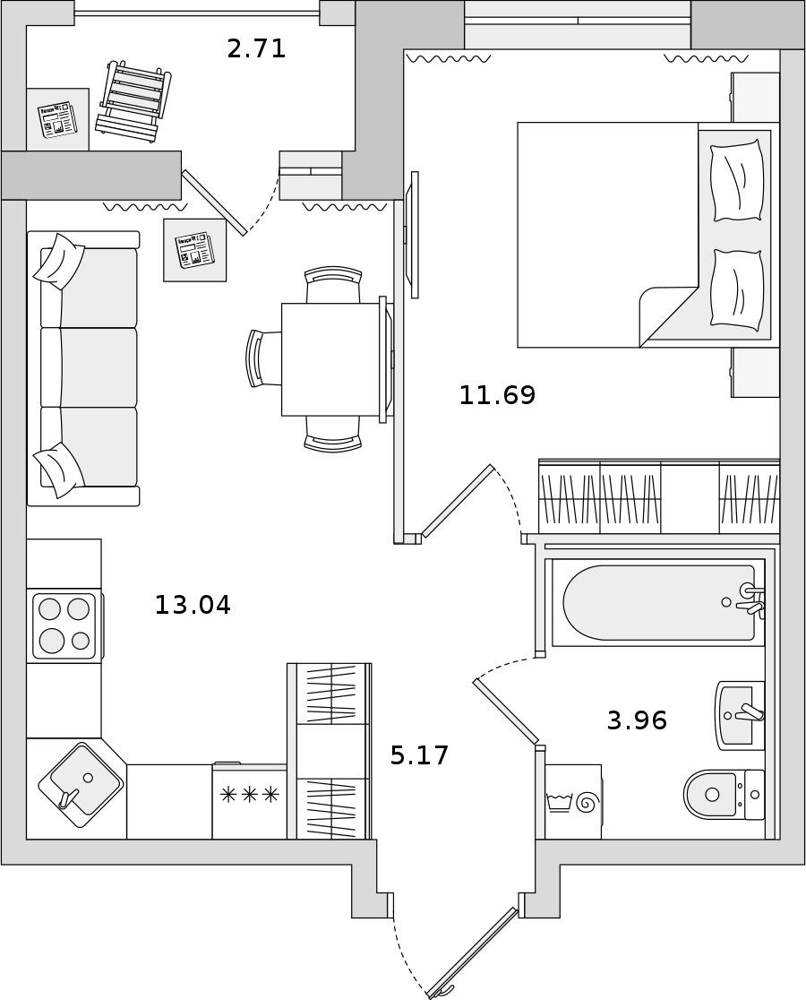 1-комнатная квартира 33.86 м², 11/17 эт., ЖК «Мурино Space»